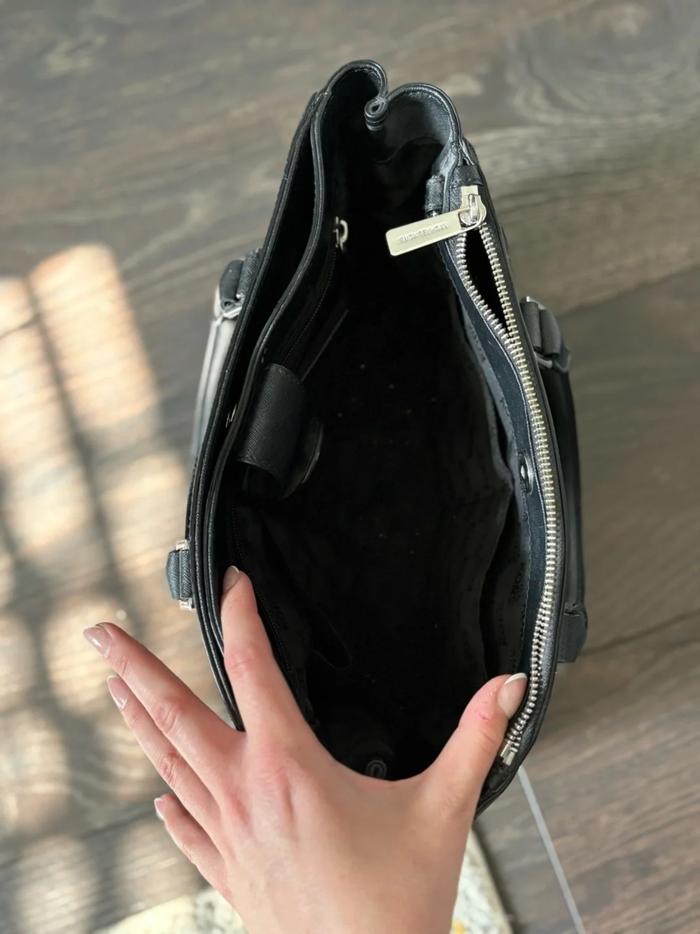 Michael Kors Black Saffiano Leather Purse With Silver Hardware & Crossbody Strap